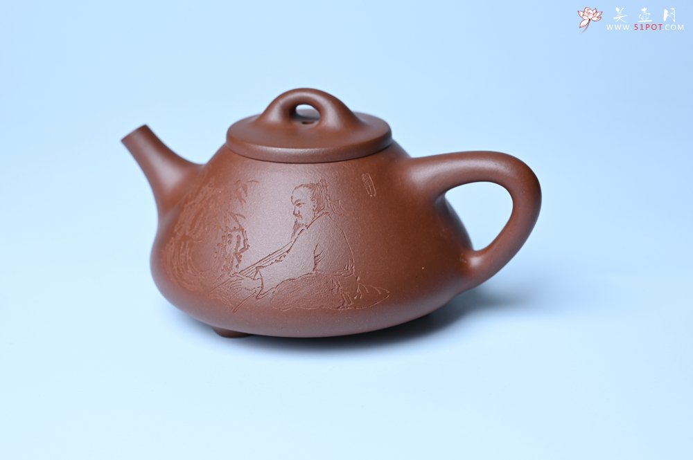 紫砂壶图片：特好底曹青 全手工小子冶石瓢 抚琴看修竹 装饰特文气 期待与亲结缘 - 美壶网