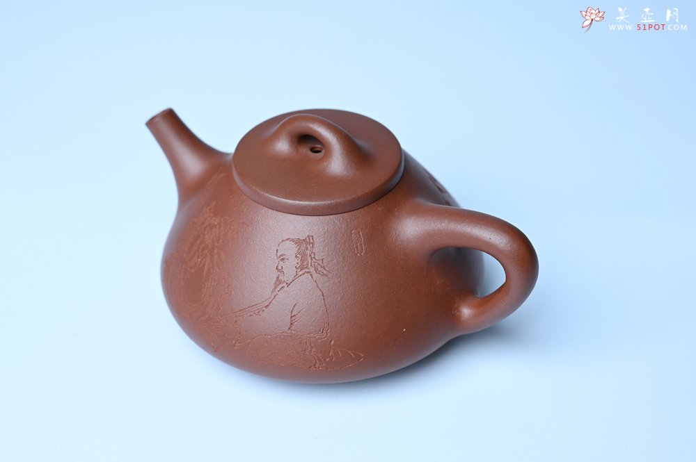 紫砂壶图片：特好底曹青 全手工小子冶石瓢 抚琴看修竹 装饰特文气 期待与亲结缘 - 美壶网