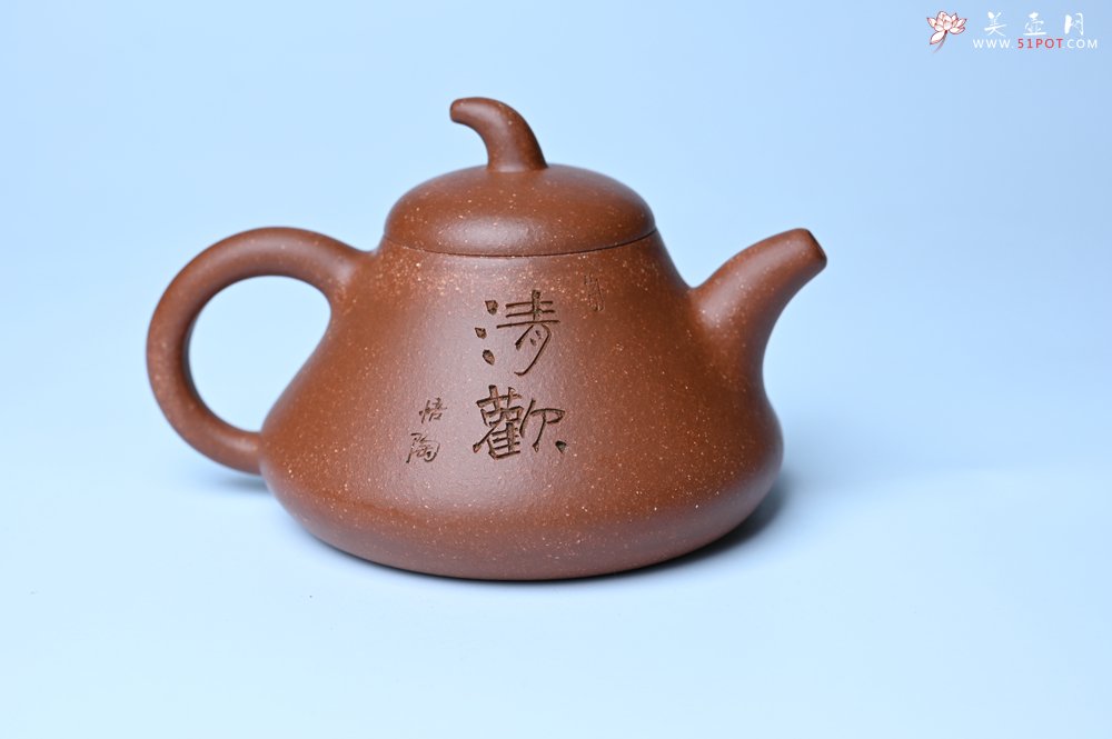 紫砂壶图片：美壶特惠 潜力股王老师 全手工拍打成型茄瓢壶 装饰枯枝鸟 特文气 - 美壶网