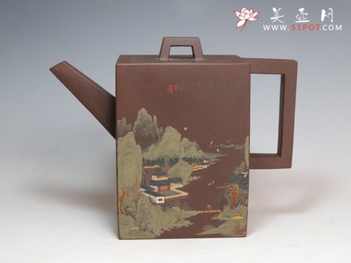 紫砂壶图片：泥绘砖方 容量:4... - 美壶网